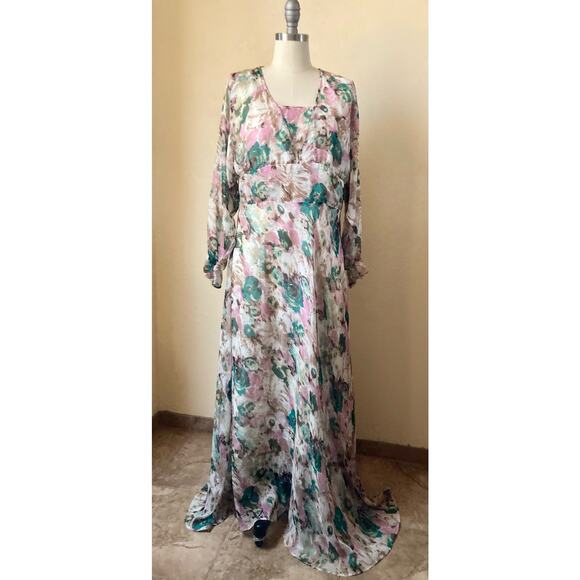 TS Three Seasons Women's Maxi Dress Size L Chiffon Floral Pink - Picture 6 of 10